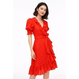 J.Crew Red Cotton Gauze Wrap Midi Dress Ruffle Puff Sleeve Tie Waist XS NWT